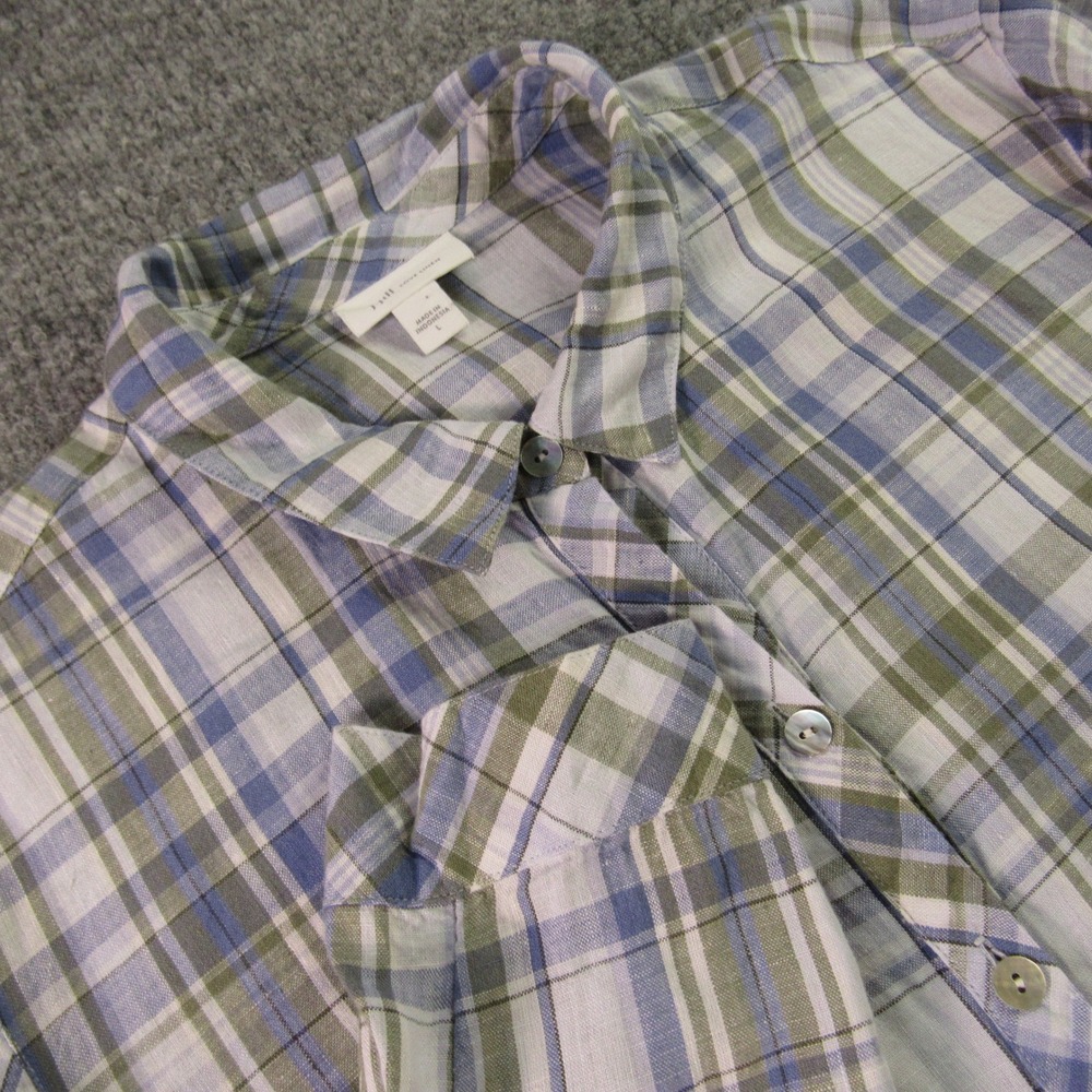 J Jill Tunic Womens Large Love Linen Plaid Roll‎ Tab Sleeve Popover Top Coastal